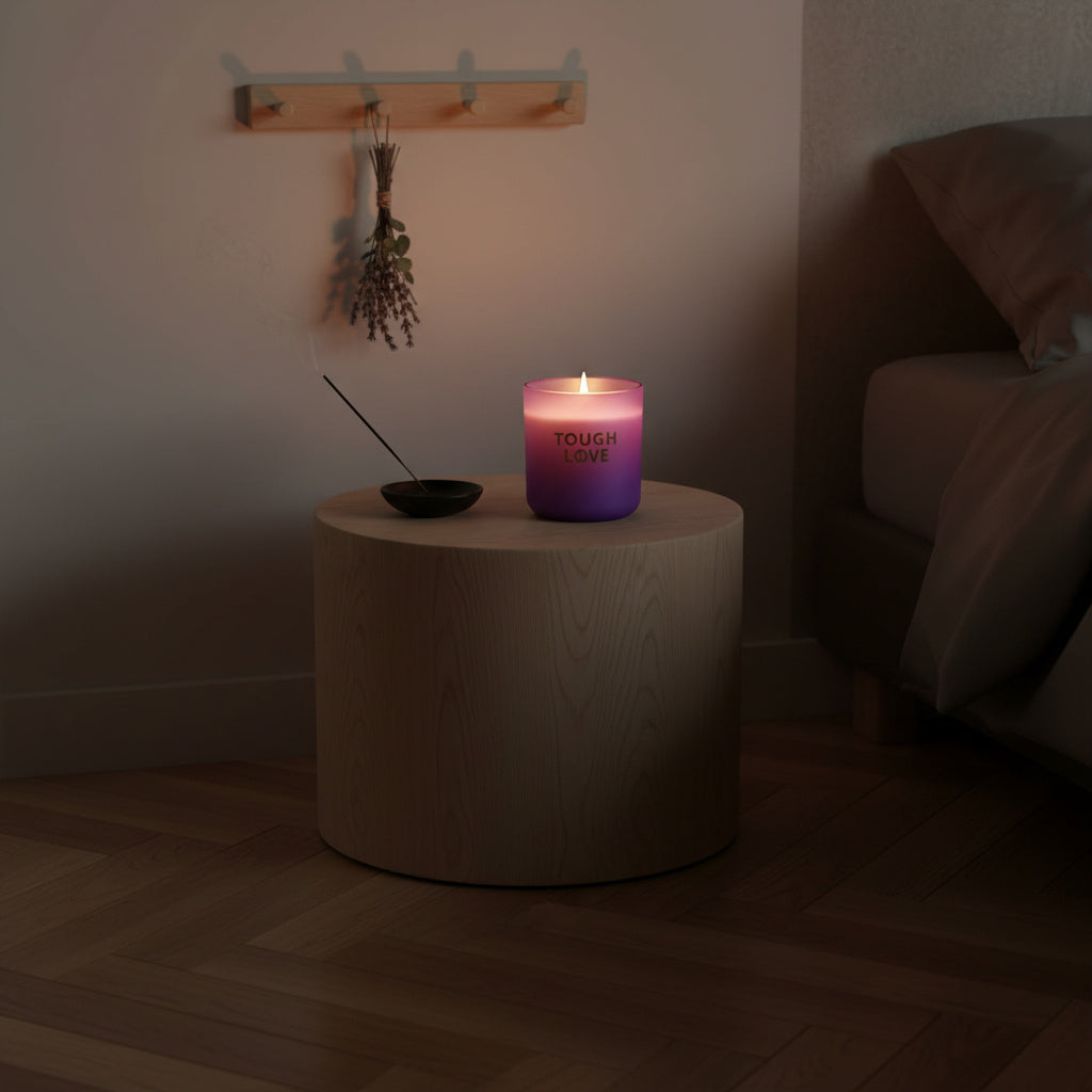 Candle on a wooden stool in a dimly lit room with a coat rack and dried plants in the background.