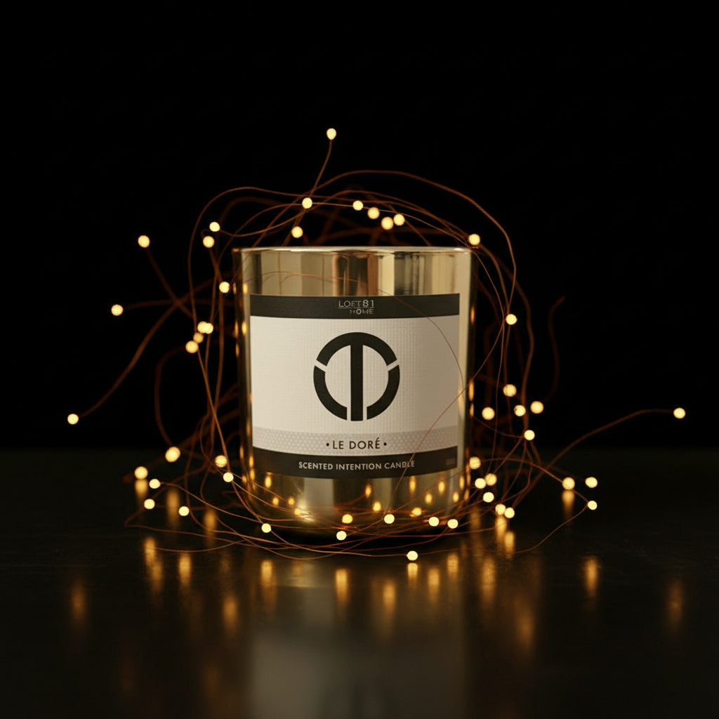 Candle in a glass jar with a decorative label, surrounded by string lights on a dark background