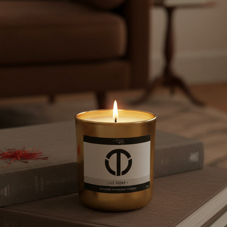 Candle in a gold holder with a label on top of books in a cozy room setting.