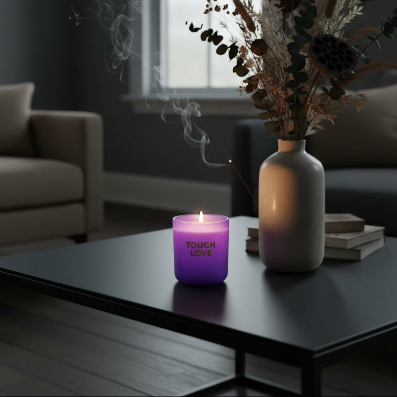 Candle with a purple glow on a table in a dimly lit room with a vase of flowers and books.