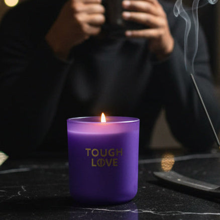 Person holding a mug with a purple candle labeled 'Tough Love' on a dark surface.