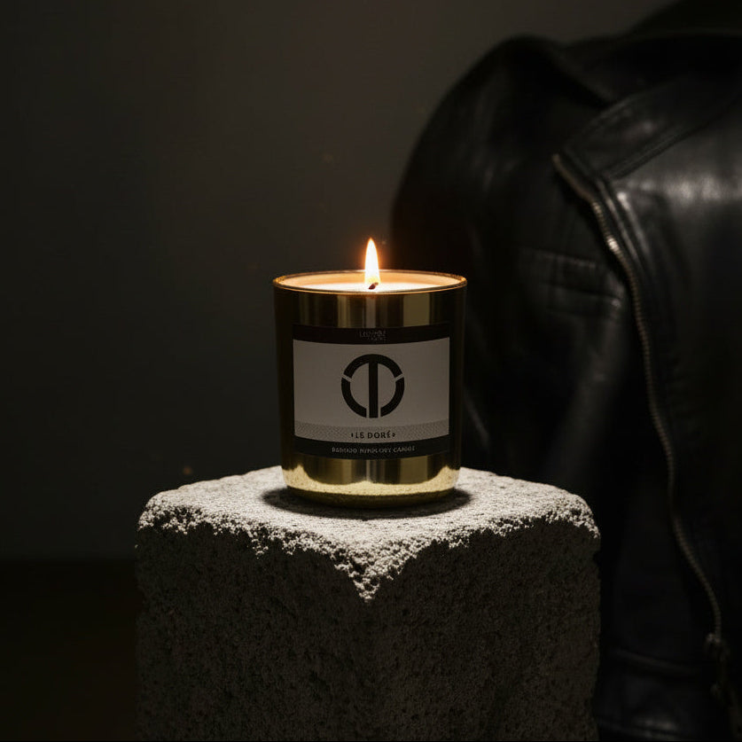 Candle with a label on a stone surface next to a person wearing a leather jacket against a dark background