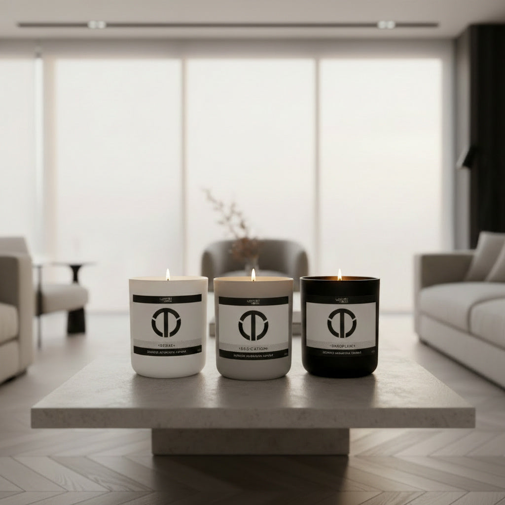 Three candles with labels on a coffee table in a modern living room.
