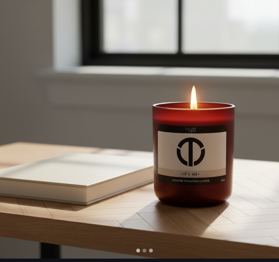 premium it’s me candle glowing in modern living room on marble coffee table with warm gray minimalist decor herringbone ashwood flooring and romantic scent notes of carnal white florals decadent plum and sexy black rose creating elevated home mood