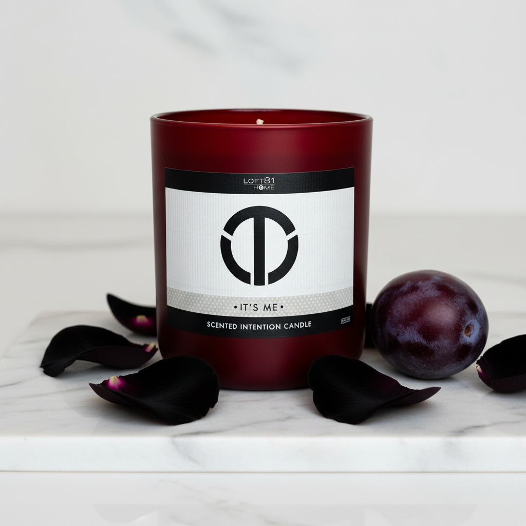 premium it’s me candle centered on a modern marble surface surrounded by soft black rose petals and a sliced plum with warm neutral lighting highlighting the sensual scent blend of carnal white florals decadent plum and sexy black rose creating an elevated romantic home ambiance