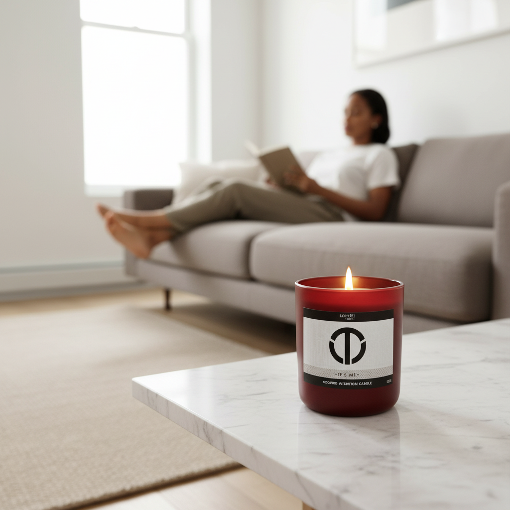 lit candle on marble bedside table in modern minimalist bedroom with herringbone ashwood flooring warm neutral decor and sensual fragrance blend of carnal white florals decadent plum and sexy black rose creating romantic luxury home ambiance premium coconut soy candle for intentional self care rituals