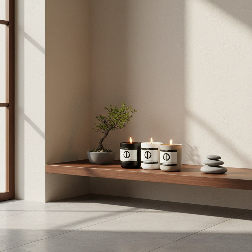loft81 home candle trio desire dedication and discipline displayed on a wooden shelf in a minimalist zen room with natural sunlight modern home decor clean burning coconut soy candles hand poured non toxic premium candles for relaxation focus and daily rituals