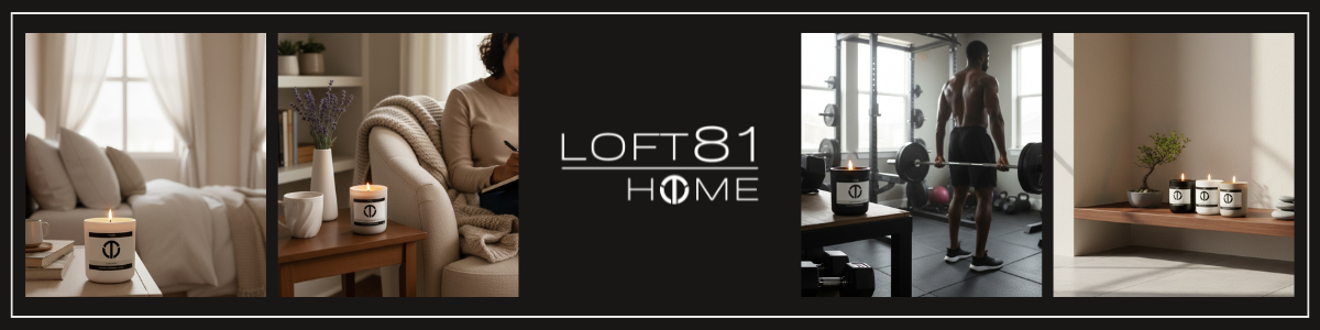 loft81 home premium coconut soy candles styled in neutral modern settings minimalist bedroom cozy living room and home gym  clean burn luxury candles with matte black and white vessels hand poured non toxic candles made for relaxation focus and everyday rituals