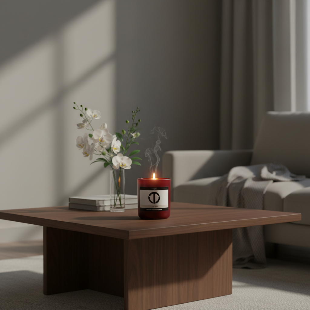 premium it’s me candle lit on spa inspired marble bathroom ledge with black and white tile floor soft steam and neutral zen design featuring sensual fragrance blend of white florals plum and black rose for intentional relaxation atmosphere