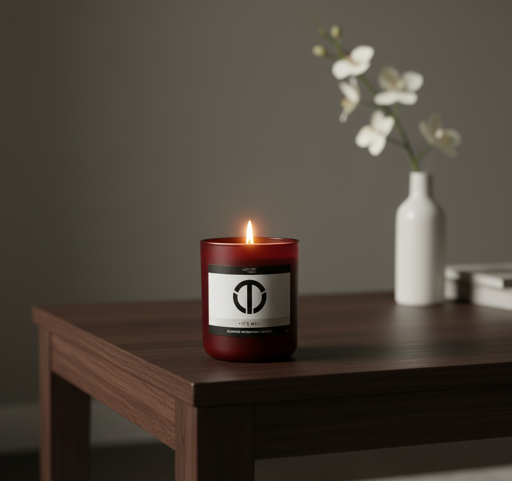 premium it’s me candle placed on warm neutral desk in minimalist home office with natural light herringbone ashwood flooring and intoxicating floral plum and black rose aroma creating calming high end workspace ambiance