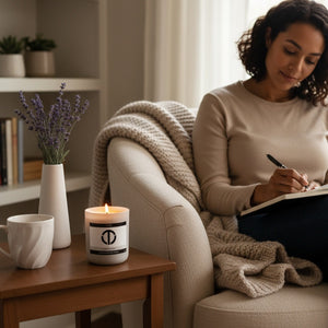 loft81 home dedication candle glowing beside a woman journaling in a cozy living room non toxic hand poured coconut soy candle with gentle lavender crisp rose and luscious amber fragrance for relaxation reflection and daily self care ritual
