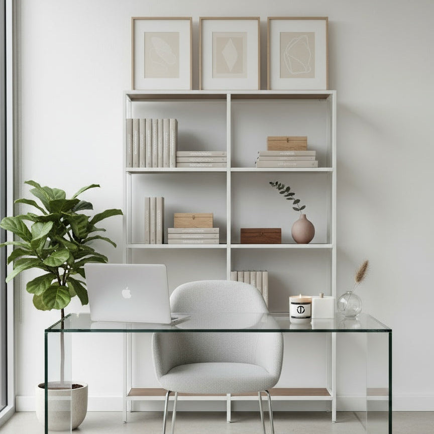 loft81 home dedication candle on a glass desk in a modern minimalist home office clean burning coconut soy candle with gentle lavender crisp rose and luscious amber scent for calm focus and productive workspace ambiance