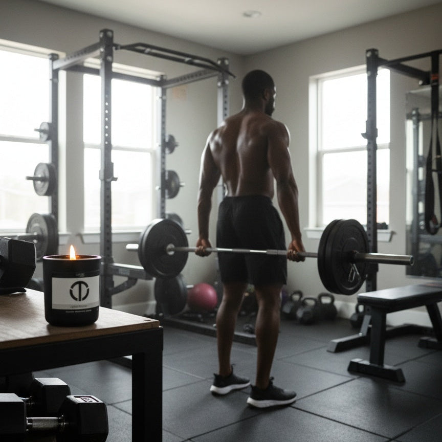 loft81 home discipline candle burning in a modern home gym while a man lifts weights non toxic hand poured coconut soy candle with smooth leather spicy brandy and woodsy cedar fragrance for motivation focus and discipline