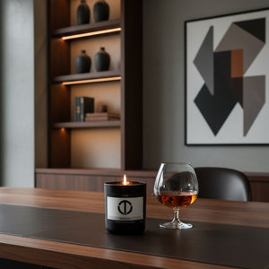 loft81 home discipline candle glowing on a wood and leather bar beside a glass of brandy luxury coconut soy candle with smooth leather spicy brandy woodsy cedar and sweet marigold fragrance for elevated home ambiance and relaxation