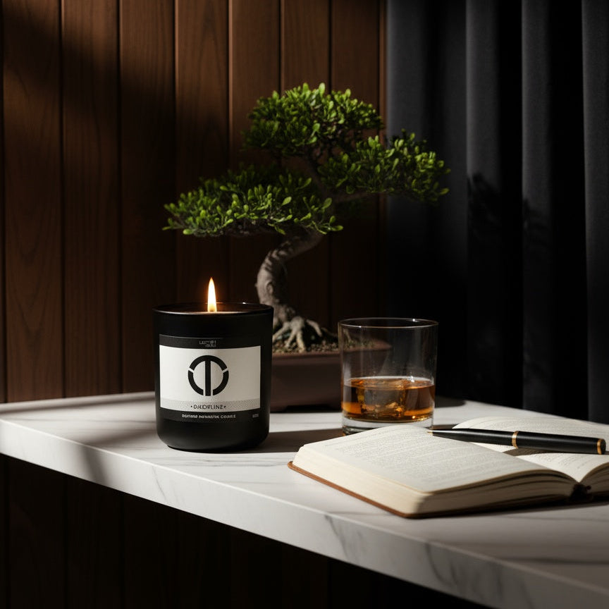 loft81 home discipline candle on a marble shelf beside a bonsai tree a journal and a glass of brandy clean burning coconut soy candle with smooth leather spicy brandy and woodsy cedar scent for balance strength and mindful reflection