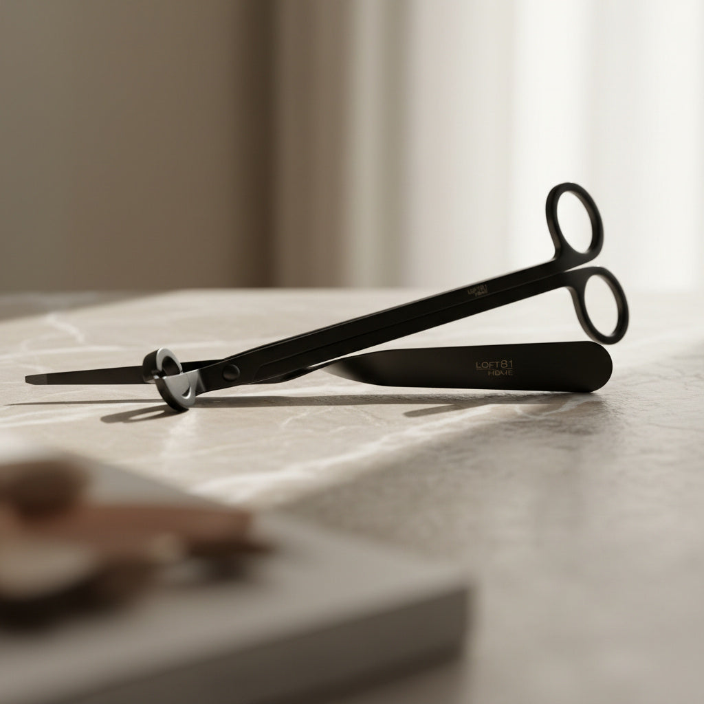 Premium wick trimmer and wick dipper set on white marble table for clean candle care and longer lasting coconut soy candl