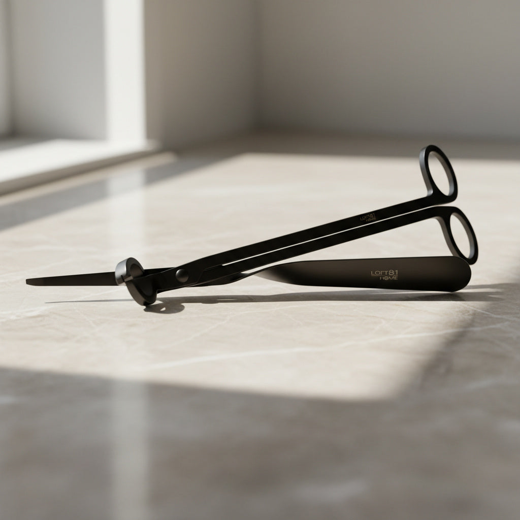 Matte Black  wick trimmer and wick dipper set styled in a modern minimalist home for even candle burning and reduced soot.